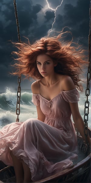 The Eye of the Storm: A young woman with flowing auburn hair sits calmly in an old cradle, her pale pink dress billowing in the stormy wind. Her fair skin looked almost delicate against the dark sky, her medium breasts, illuminated by flashes of lightning. The submerged city below churned with waves as the rain began to fall heavily, yet he remained motionless, his hands gripping the swing chain. He looked forward with an expression of calm fortitude, as if he were a calm eye in the chaos around him. A set of swings, barely surviving amid the rising water, swaying slowly as if defying the fury of the storm., photo, cinematic, poster, enthusiastic