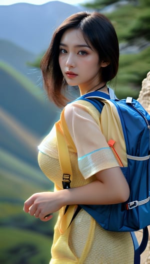 Beautiful Asian girl wears short-sleeved mountaineering gear and carries a backpack on her back