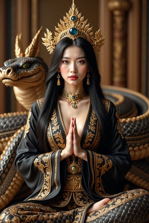 A stunningly realistic and captivating render of a Hollywood star, transformed into a Thai superstar of fashion by the talented artist Necronutz. Her black long, flowing hair gracefully frames her enchanting face, exuding confidence and elegance. dressed in opulent traditional garments. She is Praying with intricate black gold Thai patterns, a sash, and a crown with a large jewel.sit with giant back naga cobra in Thai royal place