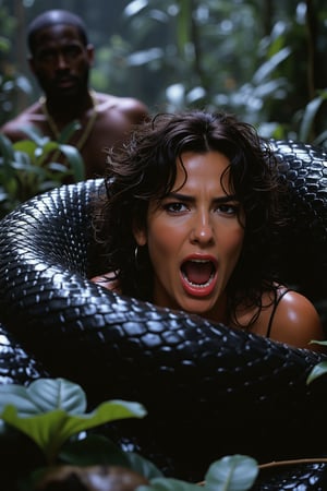 Produce images that capture terrifying moments from the 1997 American adventure horror film "Anaconda," directed by Luis Llosa. In this intense scene, the protagonist, played by the famous actress and singer Jennifer Lopez, finds herself in the deadly embrace of a giant anaconda. As the giant snake wrapped its powerful body around him, his character's desperate eyes widened in fear as he let out a bloodcurdling scream. His co-star Ice Cube, partially seen in the background, reacts in horror as he witnesses his dangerous predicament. The surrounding Amazon rainforest was colored with an eerie mix of darkness and moonlight, with snake scales glistening amid the dense foliage. The atmosphere thickens with tension, as the struggle between man and beast unfolds in a battle for survival.