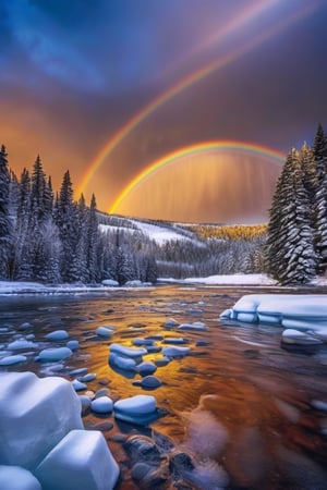 (best quality, masterpiece, ultra detailed,  row photo), realistic, photorealistic, rim light,  A rainbow arches over the scene, This Ice and snow melting in the river,A rainbow arches over the entire scene, adding to the serene atmosphere. firework
