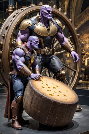 ((Generate hyper realistic image of Thanos kissing a big wheel of cheese in a captivating scene featuring a stunning 45 years old steampunk 19th century explorer visiting the museum of natural sciences  )) semi side view,  gray eyes, photography style , Extremely Realistic,  (((full body))),, darkart,3dmdt1,ste4mpunk,HZ Steampunk