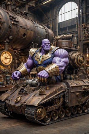 ((Generate hyper realistic image of Thanos in a tank in a workshop with vehicle parts featuring a stunning 45 years old steampunk 19th century background )) semi side view,  gray eyes, photography style , Extremely Realistic, ((( full body ))),, darkart,3dmdt1,ste4mpunk,HZ Steampunk