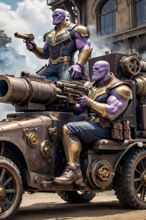 ((Generate hyper realistic image of Thanos sitting and shooting on a big anti-air-vehicle gun mounted on a vehicle featuring a stunning 45 years old steampunk 19th century background )) semi side view,  gray eyes, photography style , Extremely Realistic, ((( full body ))),, darkart,3dmdt1,ste4mpunk,HZ Steampunk