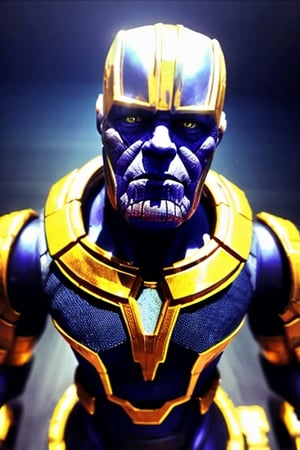 Thanos flying in outer space, with cool space armor, blue colors and glowing effects ((MASTERPIECE)) (8K resolution) (Ultra realistic) (physically Correct) (anatomically correct) (perfect shadows)