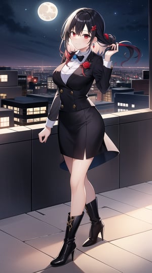 Masterpiece, absurdres, best quality, CG wallpaper, HDR, high quality, high definition, extremely detailed, highres, best anatomy, motion, motion lines, female, 1girl, solo girl, whole body view, standing, outdoors, night, moon, vampire, female vampire, vampire ears, red eyes, vampire eyes, October, city, {rooftop, rooftop of the building}, {formal attire, high heels, boots}, jewel-like eyes, glossy eyes, random hairstyle, random hair length, {love, romance}, jewelry, ruby-colored jewelry, black hair, white hair, {scenery}, beautiful smile