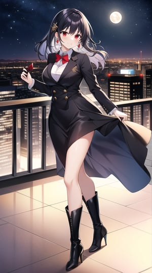 Masterpiece, absurdres, best quality, CG wallpaper, HDR, high quality, high definition, extremely detailed, highres, best anatomy, motion, motion lines, female, 1girl, solo girl, whole body view, standing, outdoors, night, moon, vampire, female vampire, vampire ears, red eyes, vampire eyes, October, city, {rooftop, rooftop of the building}, {formal attire, high heels, boots}, jewel-like eyes, glossy eyes, random hairstyle, random hair length, {love, romance}, jewelry, ruby-colored jewelry, black hair, white hair, {scenery}, beautiful smile