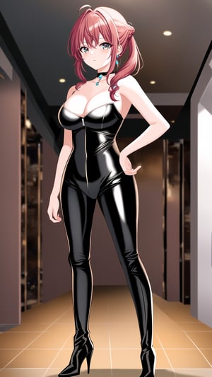 {Masterpiece, best quality, CG wallpaper, HDR, high quality, high definition, extremely detailed, 4k quality, 8k quality, higher, best anatomy, motion, motion lines}, female, jewel-like eyes, jewelry, better hands, 1girl, solo, cleavage, (boots, high heels, high heel boots:1.1), {fashion, style}, looking at the viewer, lights off, {whole body view, full body view}, {(random hair color: 1.0), (colorful hair color: 0.9), (random hairstyle: 1.4), (random eye color: 1.1), (colorful eye color: 0.9)}, latex, catsuit, bodysuit, sexy, beautiful, home, mansion, indoors, inside of the building, standing