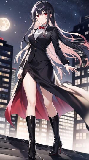 Masterpiece, absurdres, best quality, CG wallpaper, HDR, high quality, high definition, extremely detailed, highres, best anatomy, motion, motion lines, female, 1girl, solo girl, whole body view, standing, outdoors, night, moon, vampire, female vampire, vampire ears, red eyes, vampire eyes, October, city, {rooftop, rooftop of the building}, {formal attire, high heels, boots}, jewel-like eyes, glossy eyes, random hairstyle, random hair length, {love, romance}, jewelry, ruby-colored jewelry, black hair, white hair, {scenery}, beautiful smile