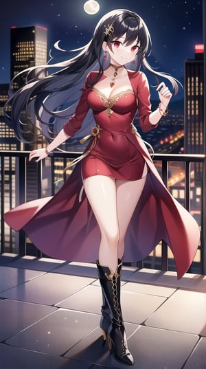 Masterpiece, absurdres, best quality, CG wallpaper, HDR, high quality, high definition, extremely detailed, highres, best anatomy, motion, motion lines, female, 1girl, solo girl, whole body view, standing, outdoors, night, moon, vampire, female vampire, vampire ears, red eyes, vampire eyes, October, city, {rooftop, rooftop of the building}, {formal attire, high heels, boots}, jewel-like eyes, glossy eyes, random hairstyle, random hair length, {love, romance}, jewelry, ruby-colored jewelry, black hair, white hair, {scenery}, beautiful smile