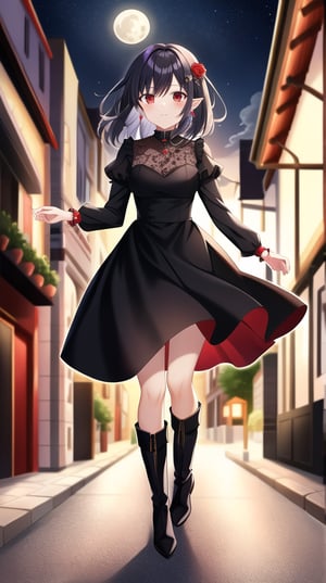 Masterpiece, absurdres, best quality, CG wallpaper, HDR, high quality, high definition, extremely detailed, highres, best anatomy, motion, motion lines, female, 1girl, solo girl, whole body view, outdoors, night, moon, vampire, female vampire, vampire ears, red eyes, vampire eyes, October, city, streets, formal attire, high heels, boots, jewel-like eyes, glossy eyes, random hairstyle, random hair length, love, romance, jewelry, ruby jewelry, black hair, white hair