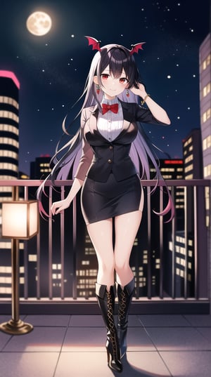 Masterpiece, absurdres, best quality, CG wallpaper, HDR, high quality, high definition, extremely detailed, highres, best anatomy, motion, motion lines, female, 1girl, solo girl, whole body view, standing, outdoors, night, moon, vampire, female vampire, vampire ears, red eyes, vampire eyes, October, city, {rooftop, rooftop of the building}, {formal attire, high heels, boots}, jewel-like eyes, glossy eyes, random hairstyle, random hair length, {love, romance}, jewelry, ruby-colored jewelry, black hair, white hair, {scenery}, beautiful smile