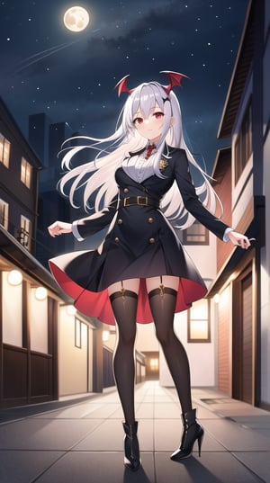 Masterpiece, absurdres, best quality, CG wallpaper, HDR, high quality, high definition, extremely detailed, highres, best anatomy, motion, motion lines, female, 1girl, solo girl, whole body view, standing, outdoors, night, moon, vampire, female vampire, vampire ears, red eyes, vampire eyes, October, city, rooftop, formal attire, high heels, boots, jewel-like eyes, glossy eyes, random hairstyle, random hair length, love, romance, jewelry, ruby jewelry, black hair, white hair, scenery