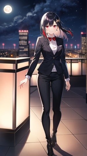 Masterpiece, absurdres, best quality, CG wallpaper, HDR, high quality, high definition, extremely detailed, highres, best anatomy, motion, motion lines, female, 1girl, solo girl, whole body view, standing, outdoors, night, moon, vampire, female vampire, vampire ears, red eyes, vampire eyes, October, city, {rooftop, rooftop of the building}, {formal attire, high heels, boots}, jewel-like eyes, glossy eyes, random hairstyle, random hair length, {love, romance}, jewelry, ruby-colored jewelry, black hair, white hair, {scenery}, beautiful smile