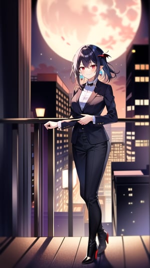 Masterpiece, absurdres, best quality, CG wallpaper, HDR, high quality, high definition, extremely detailed, highres, best anatomy, motion, motion lines, female, 1girl, solo girl, whole body view, standing, outdoors, night, moon, vampire, female vampire, vampire ears, red eyes, vampire eyes, October, city, {rooftop, rooftop of the building}, {formal attire, high heels, boots}, jewel-like eyes, glossy eyes, random hairstyle, random hair length, {love, romance}, jewelry, ruby jewelry, black hair, white hair, {scenery}, beautiful smile