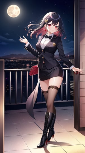 Masterpiece, absurdres, best quality, CG wallpaper, HDR, high quality, high definition, extremely detailed, highres, best anatomy, motion, motion lines, female, 1girl, solo girl, whole body view, standing, outdoors, night, moon, vampire, female vampire, vampire ears, red eyes, vampire eyes, October, city, {rooftop, rooftop of the building}, {formal attire, high heels, boots}, jewel-like eyes, glossy eyes, random hairstyle, random hair length, {love, romance}, jewelry, ruby jewelry, black hair, white hair, {scenery}, beautiful smile