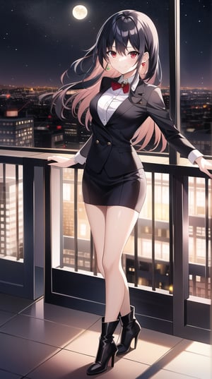 Masterpiece, absurdres, best quality, CG wallpaper, HDR, high quality, high definition, extremely detailed, highres, best anatomy, motion, motion lines, female, 1girl, solo girl, whole body view, standing, outdoors, night, moon, vampire, female vampire, vampire ears, red eyes, vampire eyes, October, city, {rooftop, rooftop of the building}, {formal attire, high heels, boots}, jewel-like eyes, glossy eyes, random hairstyle, random hair length, {love, romance}, jewelry, ruby-colored jewelry, black hair, white hair, {scenery}, beautiful smile