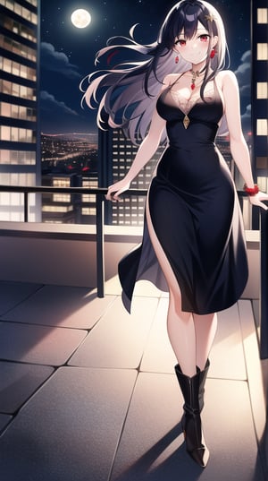 Masterpiece, absurdres, best quality, CG wallpaper, HDR, high quality, high definition, extremely detailed, highres, best anatomy, motion, motion lines, female, 1girl, solo girl, whole body view, standing, outdoors, night, moon, vampire, female vampire, vampire ears, red eyes, vampire eyes, October, city, {rooftop, rooftop of the building}, {formal attire, high heels, boots}, jewel-like eyes, glossy eyes, random hairstyle, random hair length, {love, romance}, jewelry, ruby-colored jewelry, black hair, white hair, {scenery}, beautiful smile