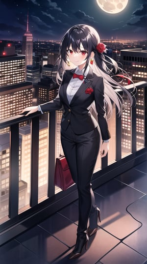 Masterpiece, absurdres, best quality, CG wallpaper, HDR, high quality, high definition, extremely detailed, highres, best anatomy, motion, motion lines, female, 1girl, solo girl, whole body view, standing, outdoors, night, moon, vampire, female vampire, vampire ears, red eyes, vampire eyes, October, city, {rooftop, rooftop of the building}, {formal attire, high heels, boots}, jewel-like eyes, glossy eyes, random hairstyle, random hair length, {love, romance}, jewelry, ruby-colored jewelry, black hair, white hair, {scenery}, beautiful smile