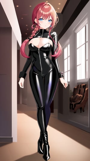 {Masterpiece, best quality, CG wallpaper, HDR, high quality, high definition, extremely detailed, 4k quality, 8k quality, higher, best anatomy, motion, motion lines}, female, jewel-like eyes, jewelry, better hands, 1girl, solo, cleavage, (boots, high heels, high heel boots:0.9), {fashion, style}, looking at the viewer, lights off, {whole body view, full body view}, {(random hair color: 1.0), (colorful hair color: 0.9), (random hairstyle: 1.4), (random eye color: 1.1), (colorful eye color: 0.9)}, latex, catsuit, bodysuit, sexy, beautiful, home, mansion, indoors, inside of the building, standing