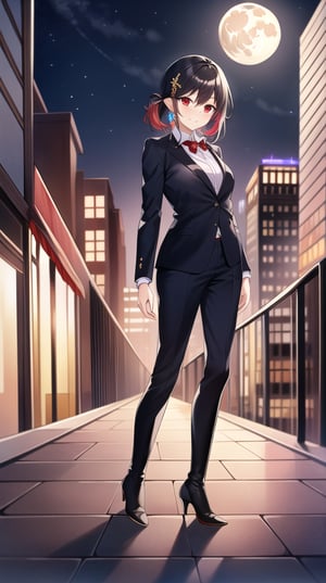 Masterpiece, absurdres, best quality, CG wallpaper, HDR, high quality, high definition, extremely detailed, highres, best anatomy, motion, motion lines, female, 1girl, solo girl, whole body view, standing, outdoors, night, moon, vampire, female vampire, vampire ears, red eyes, vampire eyes, October, city, {rooftop, rooftop of the building}, {formal attire, high heels, boots}, jewel-like eyes, glossy eyes, random hairstyle, random hair length, {love, romance}, jewelry, ruby-colored jewelry, black hair, white hair, {scenery}, beautiful smile