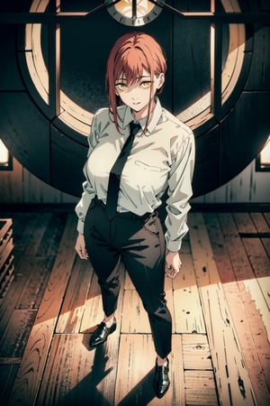 perfect face, perfect hands, perfect eyes, atmospheric scene, masterpiece, best quality, (detailed face), (detailed eyes), (cinematic light: 1.1), female, red hair, yellow eyes, big breasts, thicc thighs, white shirt, neck tie, long pants, black dress shoes, model stance, full body, ,makima (chainsaw man)
