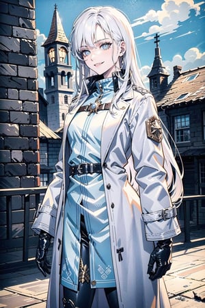 perfect face, atmospheric scene, masterpiece, best quality, (detailed face, detailed skin texture), (cinematic light: 1.1), Detailedface, female, ((pale skin)), slender, (small breast), thicc hip, thicc thigs, ((long white coat)), (adventurer gear), (white body suit), (gauntlet gloves), (belts), (long white boots), (((no exposed))), ((white hair, very long hair, straight hair, untied, enter parting)), ((light blue eyes, reptilian pupils)), (smirk), (mature), (tall), long legs, (fantasy, medieval town, guild, outdoors), ((((cowboy shot)))), looking away, (standing on rooftop), 