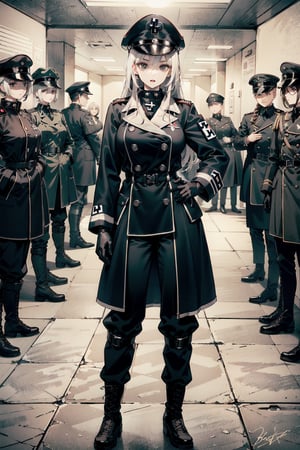 perfect face, perfect hands, perfect eyes, atmospheric scene, masterpiece, best quality, (detailed face), (detailed eyes), (cinematic light: 1.1), female, Gestapo, (white hair, long hair, black eyes, small breasts, thicc), (((black Nazi uniform, hat, long double-breasted coat, baggy Nazi pants, gloves, knee-high military boots, Nazi mark))), (((full body))), model stance, strategy room, indoors, 