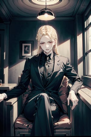 perfect face, perfect hands, perfect eyes, atmospheric scene, masterpiece, best quality, (detailed face), (detailed eyes), (cinematic light: 1.1), male, vampire, (((pale))), muscular, (blonde, shoulder length hair, untied, straight hair), red eyes, (black suit, neck tie, long pants), black dress shoes, sitting, Lean on chair, elbow on armrest, hand under jaw, crossed legs, long legs, ((tall)) emotionless, victoria style, room,  