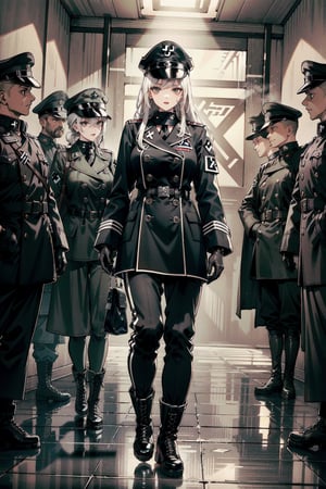 perfect face, perfect hands, perfect eyes, atmospheric scene, masterpiece, best quality, (detailed face), (detailed eyes), (cinematic light: 1.1), female, (white hair, long hair, black eyes, small breasts, thicc), (((black Nazi uniform, hat, long double-breasted coat, baggy Nazi pants, gloves, knee-high military boots, Nazi mark))), (((full body))), model stance, strategy room, indoors, 