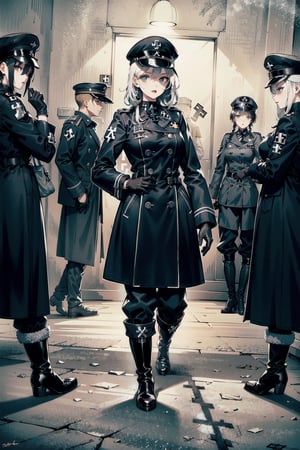 perfect face, perfect hands, perfect eyes, atmospheric scene, masterpiece, best quality, (detailed face), (detailed eyes), (cinematic light: 1.1), female, Gestapo, white hair, long hair, black eyes, ((small breasts)), thicc, (((black Nazi uniform, hat, long double-breasted coat, baggy pants, gloves, knee-high boots, The Iron Cross))), ((pants inside boots)), (((full body))), model stance, strategy room, indoors, ((solo focus)), 