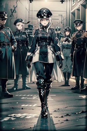 perfect face, perfect hands, perfect eyes, atmospheric scene, masterpiece, best quality, (detailed face), (detailed eyes), (cinematic light: 1.1), female, Gestapo, white hair, long hair, black eyes, ((small breasts)), thicc, (((black Nazi uniform, hat, long double-breasted coat, baggy pants, gloves, knee-high boots, The Iron Cross))), ((pants inside boots)), (((full body))), model stance, strategy room, indoors, solo focus, 