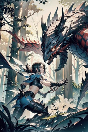 perfect face, perfect hands, perfect eyes, atmospheric scene, masterpiece, best quality, (detailed face), (detailed eyes), (cinematic light: 1.1), female, Monster Hunter, hunter, Great sword, Rathalos, hunter gear, fighting, forest,