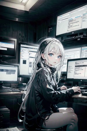 perfect face, perfect hands, perfect eyes, atmospheric scene, masterpiece, best quality, (detailed face), (detailed eyes), (cinematic light: 1.1), female, (black base and white highlights hair, long hair), black eyes, long coat, no pants, sitting, typing keybord, (looking at monitors), computer room, ((dark room, no lights)), glowing monitors, (multiple monitors, display only programming in black base and white texts), from side, ,(hlfcol haired girl with color1 and col),
