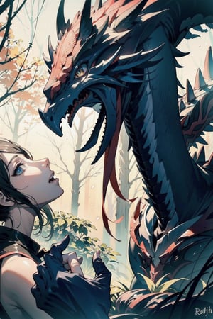 perfect face, perfect hands, perfect eyes, atmospheric scene, masterpiece, best quality, (detailed face), (detailed eyes), (cinematic light: 1.1), female, Monster Hunter, 1hunter, Great sword, 1Rathalos, staring each other, hunter gear, fighting, forest,