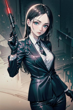 perfect face, perfect hands, perfect eyes, atmospheric scene, masterpiece, best quality, (detailed face), (detailed eyes), (cinematic light: 1.1), female, agent, ((pale)), (dark hair, long hair), (green eyes, sharp sight), (small breast), black suit, red neck tie, black dress shoes, black gloves, emotionless, (HITMAN, agent 47 poses) (holding fiber wire, ready for killing), dark office, night, 