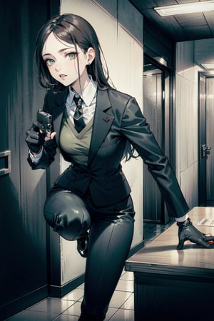 perfect face, perfect hands, perfect eyes, atmospheric scene, masterpiece, best quality, (detailed face), (detailed eyes), (cinematic light: 1.1), female, agent, ((pale)), (dark hair, long hair), (green eyes, sharp sight), (small breast), black suit, red neck tie, black dress shoes, black gloves, emotionless, (HITMAN, agent 47 poses) (holding pistol, silencer, ready for killing), dark office, night, 