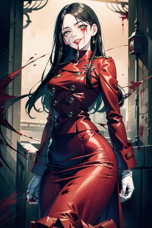 perfect face, atmospheric scene, masterpiece, best quality, (detailed face, detailed skin texture), (detailed eyes), (cinematic light: 1.1), female, empress, ((pale skin)), slender, (small breast), thicc hip, thicc thigs, pantyhose, (((red dress))), ((((long skirt)))), (belts), (long red boots), ((long coat)), ((red coat)), ((Double breasted)), (white gloves), ((black hair)), ((long hair, straight hair, untied, side parting)), ((light green eyes, constricted pupils)), (smirk, wide open eyes), (mature), (tall), long legs, bloody background, (((blood on face))), ((((cowboy shot)))), head up, hand up, looking at camera,  ,trevorbelmont