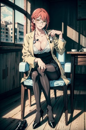 perfect face, perfect hands, perfect eyes, atmospheric scene, masterpiece, best quality, (detailed face), (detailed eyes), (cinematic light: 1.1), female, red hair, braided hair, yellow eyes, big breasts, thicc thighs, glasses, sexy female teacher, long white coat, white shirt, no bra, cleavage, stethoscope, (skirt, pantyhose, no panties), (black dress shoes, high heels), infirmary, sitting on chair, full body, ,makima (chainsaw man)