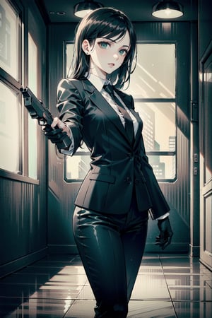 perfect face, perfect hands, perfect eyes, atmospheric scene, masterpiece, best quality, (detailed face), (detailed eyes), (cinematic light: 1.1), female, agent, ((pale)), (dark hair, long hair), (green eyes, sharp sight), (small breast), black suit, red neck tie, black dress shoes, black gloves, emotionless, (HITMAN, agent 47 poses) (holding pistol, silencer, ready for killing), dark office, night, 