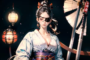 sfw, atmospheric scene, masterpiece, best quality, (detailed face, detailed skin texture), (cinematic light: 1.1), Detailedface, female, (fair skin), slender, big breast, thicc hip, wide hip, ((((samurai, japanese swordsman)))), cleavage, ((dojo attire, open placket)), (((white clothes))), ((black hair, very long ponytail)), (black eyes), (((eyepatch on left-eye))), (scar on face, scar on left eye, scar on nose, cross scar), (emotionless), (mature), girl, (tall), long legs, sengoku era, japan, outdoors,  sakura, fighting stance, ((airflow)), (cowboy shot), solo_focus, 