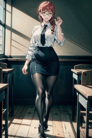 perfect face, perfect hands, perfect eyes, atmospheric scene, masterpiece, best quality, (detailed face), (detailed eyes), (cinematic light: 1.1), female, red hair, braided hair, yellow eyes, big breasts, thicc thighs, glasses, sexy female teacher, white shirt, neck tie, (skirt, pantyhose, no panties), (black dress shoes, high heels), classroom, full body, ,makima (chainsaw man)
