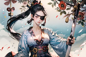 sfw, atmospheric scene, masterpiece, best quality, (detailed face, detailed skin texture), (cinematic light: 1.1), Detailedface, female, (fair skin), slender, big breast, thicc hip, wide hip, ((((samurai, japanese swordsman)))), cleavage, ((dojo attire, open placket, hakama)), (((white clothes))), ((black hair, very long ponytail)), (black eyes, right eye), (((single eyepatch))), ((scar on face, scar on left eye, scar on nose, cross scar)), (emotionless), (mature), girl, (tall), long legs, sengoku era, japan, outdoors,  sakura, fighting stance, ((airflow)), (cowboy shot), solo_focus, 