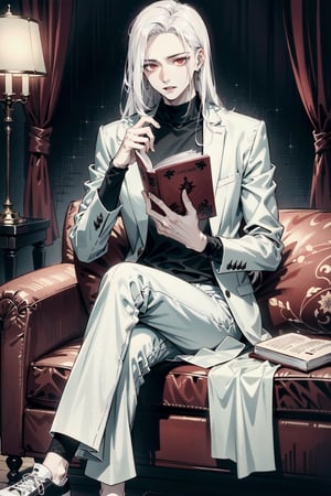 perfect face, perfect hands, perfect eyes, atmospheric scene, masterpiece, best quality, (detailed face), (detailed eyes), (cinematic light: 1.1), male, vampire, (((pale))), muscular, (white hair, irregular length hair, untied, straight hair), red eyes, (white fashion, long pants), casual shoes, lying down on sofa, holding a book, eyes on book, crossed legs, long legs, ((tall)) emotionless, victoria style, room,  