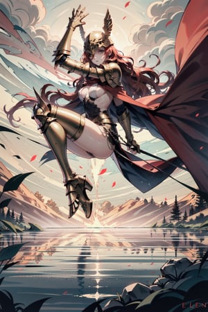 perfect face, perfect hands, perfect eyes, atmospheric scene, masterpiece, best quality, (detailed face), (detailed eyes), cinematic light, female, tall, red hair, long hair, wavy hair, emotionless, small breasts, pale, full armor, cape, long robe, helmet, covered eyes, prothestic leg, single mechanical arm, prosthesis, lake, leafs, flying leafs, jumping, one leg up, one straighten leg, holding long sword, swinging long sword, hands over head, Waterfowl Dance, Elden Ring, ,Malenia,armor