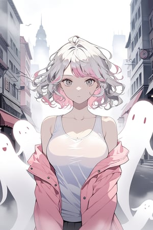 1girl, an art of a beautiful and attractive woman, big medium breasts, perfect body,looking at viewer ,gray eyes,white hair,outdoors,foggy,mature female,upper body shot,pink jacket,girl white tank top,short hair,multicolor_hair,pink hair, ghost girl,city,wavy hair 