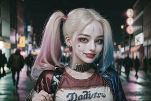 RAW photo, a photo of 25 y.o woman,  harleyquinn, japanese themed outfit, future city street, (high detailed skin:1.2), 8k uhd, dslr, soft lighting, high quality, film grain, Fujifilm XT3, harleyquinn, smiling,full_body potrait,perfect,hand