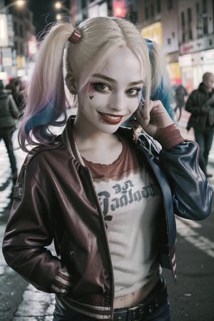 RAW photo, a photo of 25 y.o woman,  harleyquinn, red leather jacket, night, city street, (high detailed skin:1.2), 8k uhd, dslr, soft lighting, high quality, film grain, Fujifilm XT3   ,harleyquinn, smiling,full_body,perfect