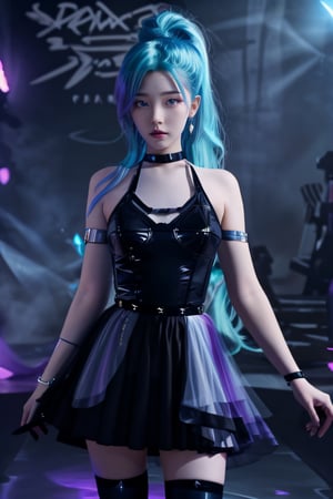 1 girl,adorable,seraphine, solo, blue hair, k/da \(league of legends\), very long hair, multicolored hair, jewelry, ponytail, blue eyes, earrings, dress, black choker, two-tone hair, purple hair, black thighhighs, bracelet, black skirt,seraphine1,<lora:659111690174031528:1.0>