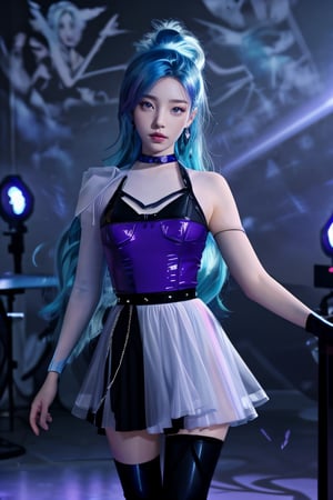 1 girl,adorable,seraphine, solo, blue hair, k/da \(league of legends\), very long hair, multicolored hair, jewelry, ponytail, blue eyes, earrings, dress, black choker, two-tone hair, purple hair, black thighhighs, bracelet, black skirt,seraphine1,<lora:659111690174031528:1.0>